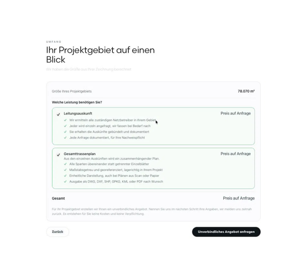 Auswahl des Leistungsumfangs mit Leitungsauskunft und Gesamttrassenplan
