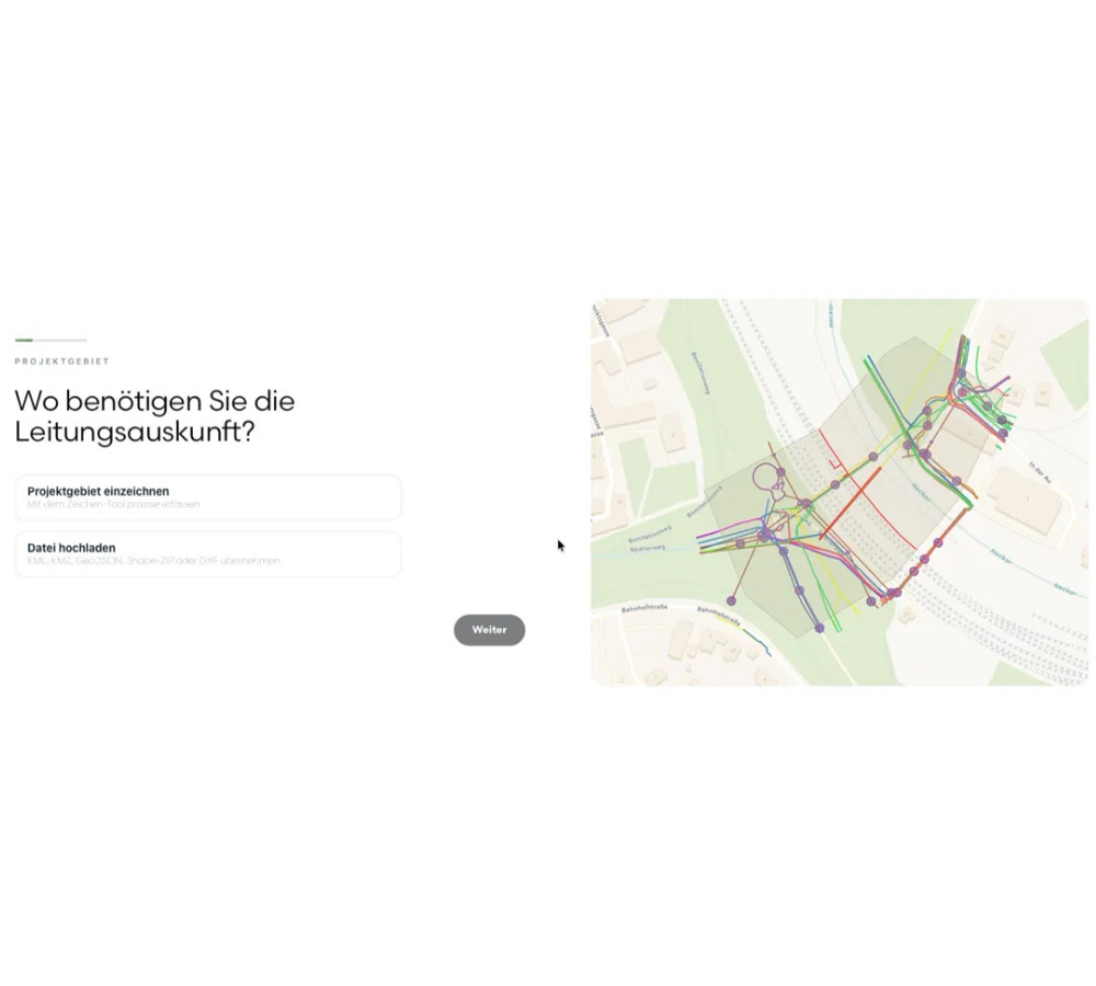 Auswahl zwischen Projektgebiet einzeichnen und Datei hochladen im Anfrage-Assistenten von Trassify