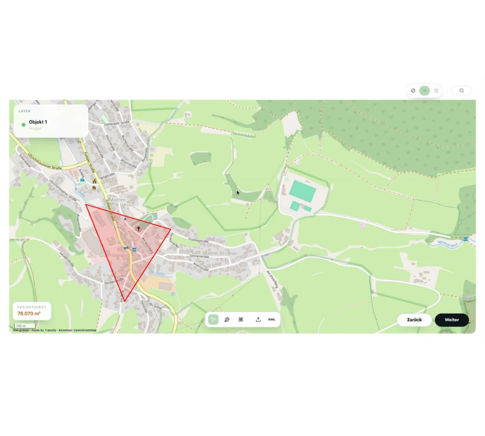 Eingezeichnetes Projektgebiet auf der Karte mit berechneter Fläche