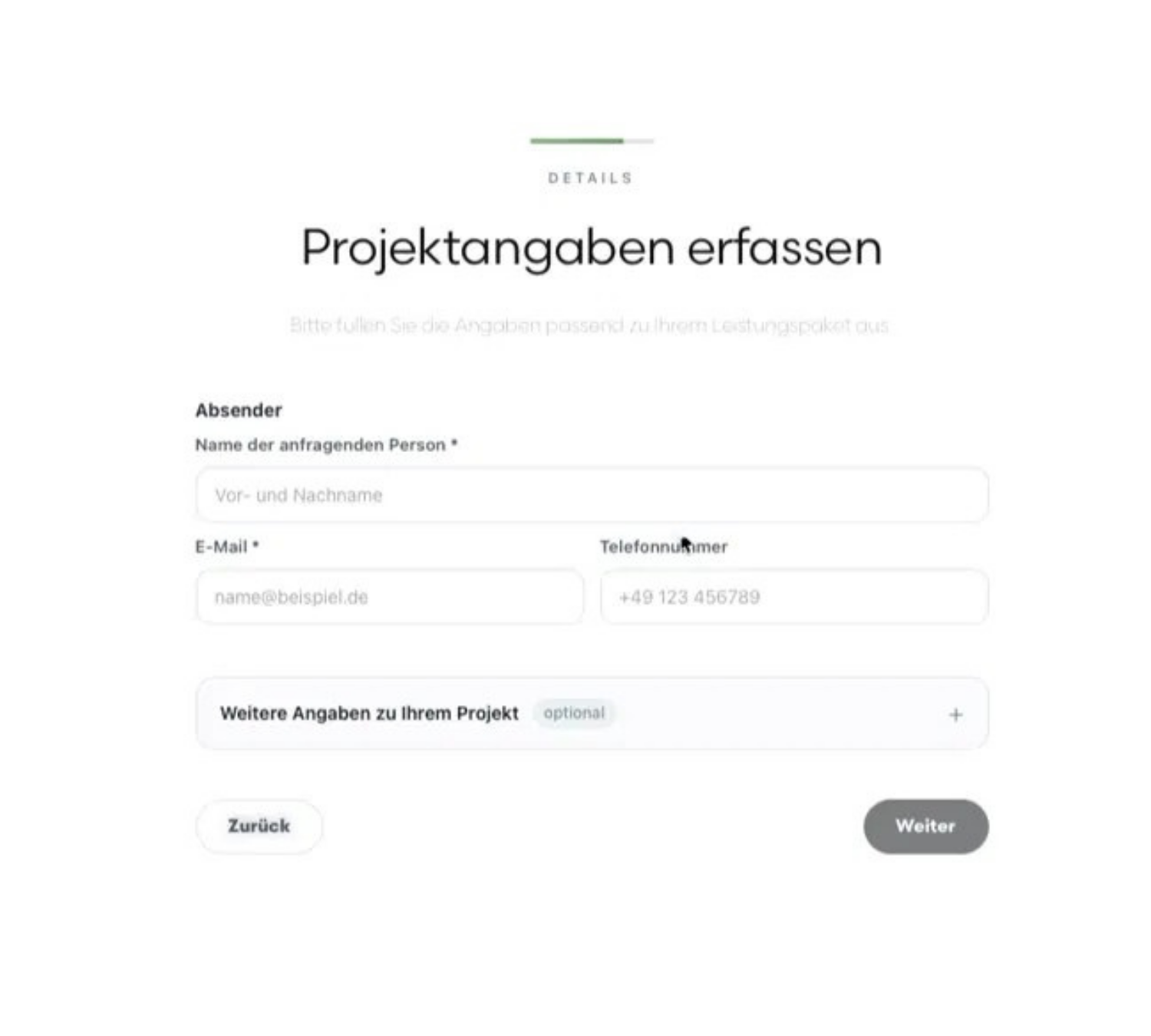 Erfassung der Projektangaben im Anfrage-Assistenten
