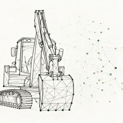Eine digitale Illustration eines Baggers, inspiriert von einem Gesamttrassenplan, ist mit geometrischen Linien und Punkten gezeichnet und erscheint auf einem hellen Hintergrund mit abstrakten grünen Punkten und Verbindungslinien.