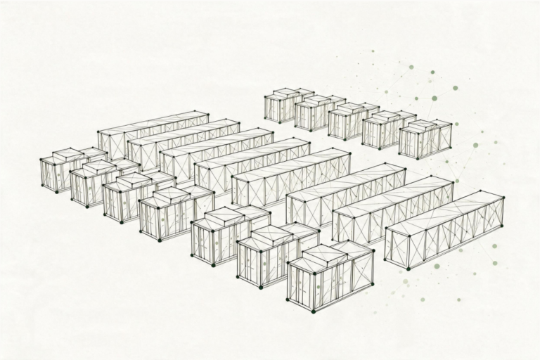 Linienzeichnung von Batteriespeicher-Containern in Reihen