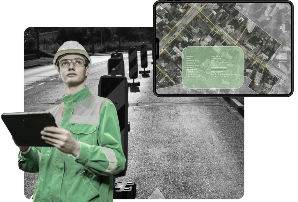 Ein Mitarbeiter in grüner Arbeitskleidung und mit Schutzhelm hält im Freien ein Tablet in der Hand. Einblendung: eine digitale Karte mit hervorgehobenen Routen und Daten, die auf das Management von Infrastruktur oder Versorgungsnetzen hindeutet – ein Beispiel dafür, wie Ingenieurbüros Technologie nutzen, um komplexe Einsätze vor Ort zu optimieren.