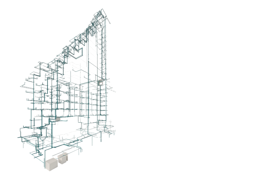 Transparente architektonische Drahtgitter-Struktur, die einem Eckgebäude ähnelt, mit sichtbaren Treppen, Stockwerken und zwei weißen Blöcken unten links, alles vor einem schlichten weißen Hintergrund – ein innovatives Design, wie es häufig in führenden Ingenieurbüros entworfen wird.