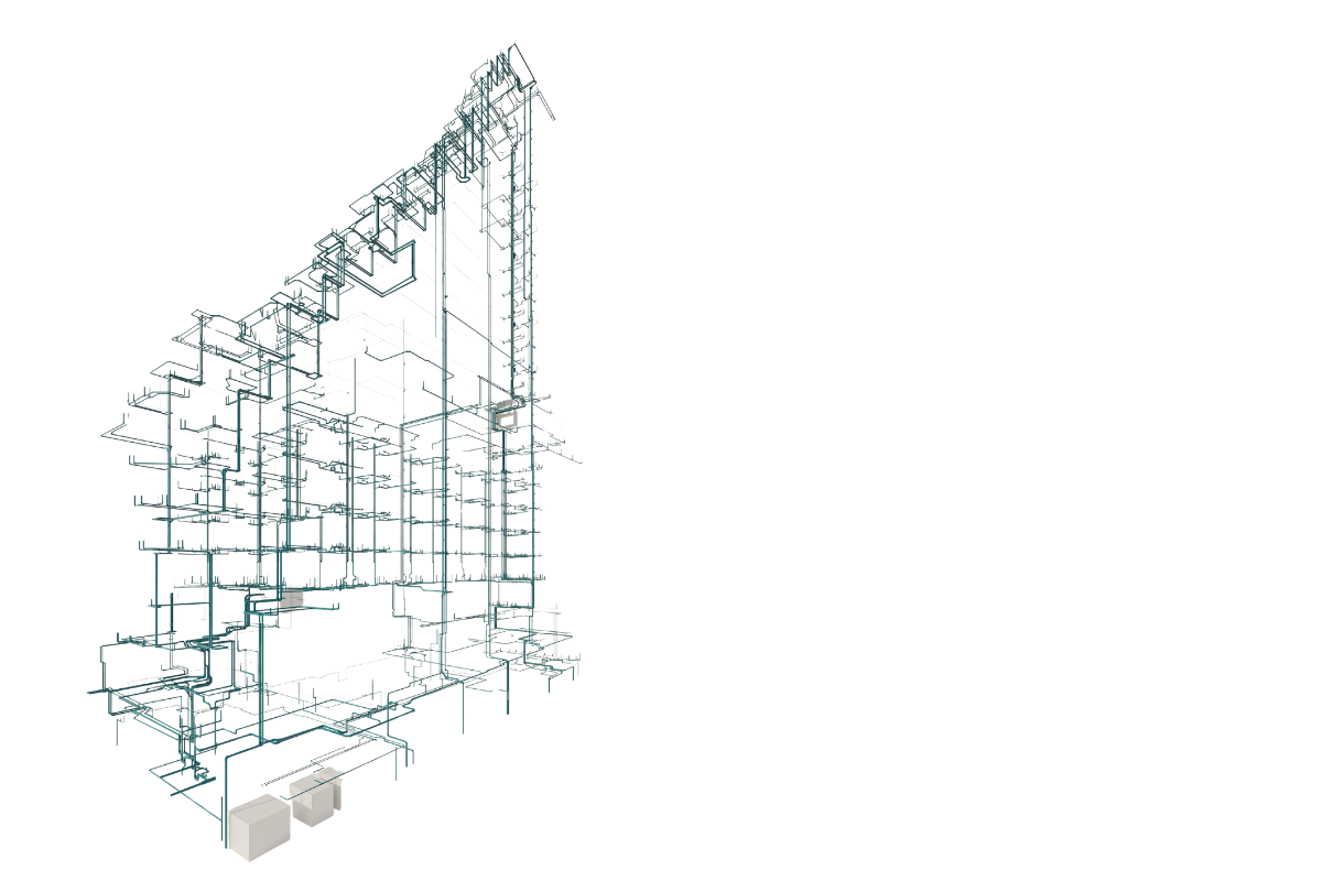Transparente architektonische Drahtgitter-Struktur, die einem Eckgebäude ähnelt, mit sichtbaren Treppen, Stockwerken und zwei weißen Blöcken unten links, alles vor einem schlichten weißen Hintergrund – ein innovatives Design, wie es häufig in führenden Ingenieurbüros entworfen wird. Aus solchen Modellen stammen die Formate für einen Leitungsplan.