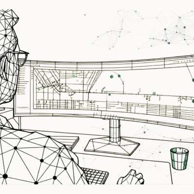 Eine Wireframe-Darstellung einer Person an einem Schreibtisch, die auf einen breiten Computerbildschirm blickt, auf dem Daten und Diagramme zum Gesamttrassenplan angezeigt werden, wobei digitale Netzwerkleitungen verschiedene Punkte in der Szene miteinander verbinden.