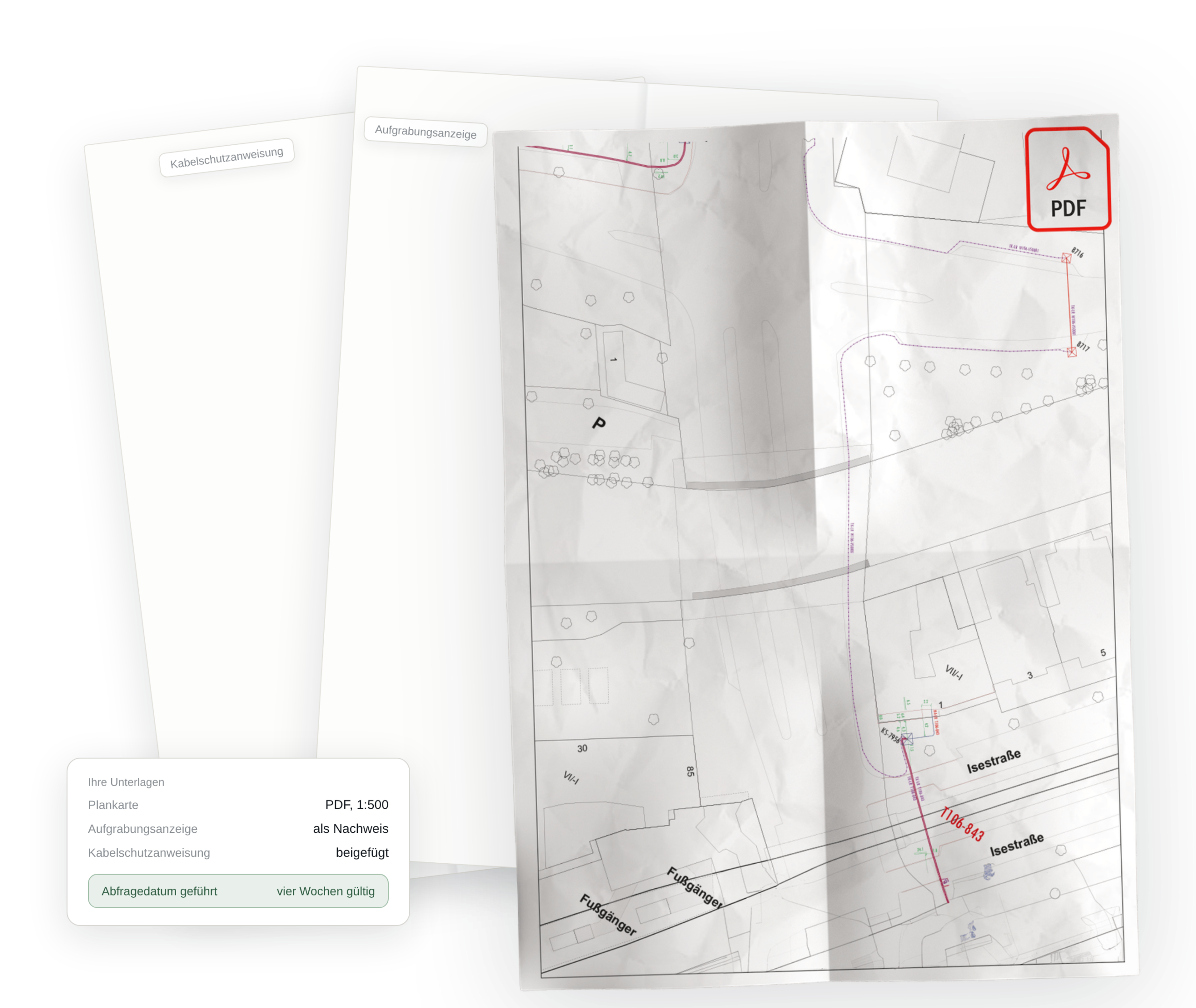 Eine gefaltete technische Karte mit Gebäude- und Straßenplänen, die als „Gesamttrassenplan“ bezeichnet ist, wird über zwei weißen Blättern und einem PDF-Symbol angezeigt. Ein kleines Fenster am unteren Rand zeigt Dokumentinformationen und den Status an.
