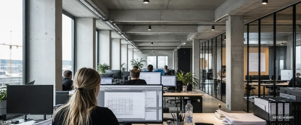 Moderne, offen gestaltete Ingenieurbüros mit Betondecken, großen Fenstern und zahlreichen Mitarbeitern, die an Schreibtischen mit Computern arbeiten. Auf der rechten Seite befinden sich Besprechungsräume mit Glaswänden. Zimmerpflanzen und Büromaterial sind zu sehen.