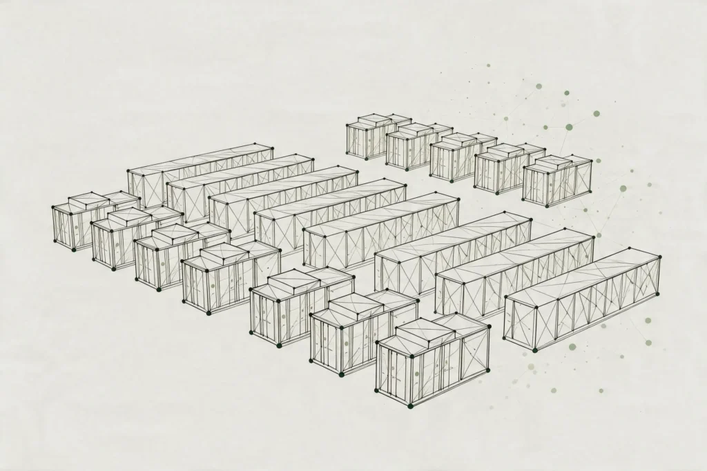 Eine minimalistische Illustration von 19 rechteckigen Versandcontainern, die in Reihen auf einem hellen Hintergrund mit dezenten grünen Punkten angeordnet sind und ein Gefühl von übersichtlicher Organisation vermitteln, das an den Ansatz von Trassify erinnert.