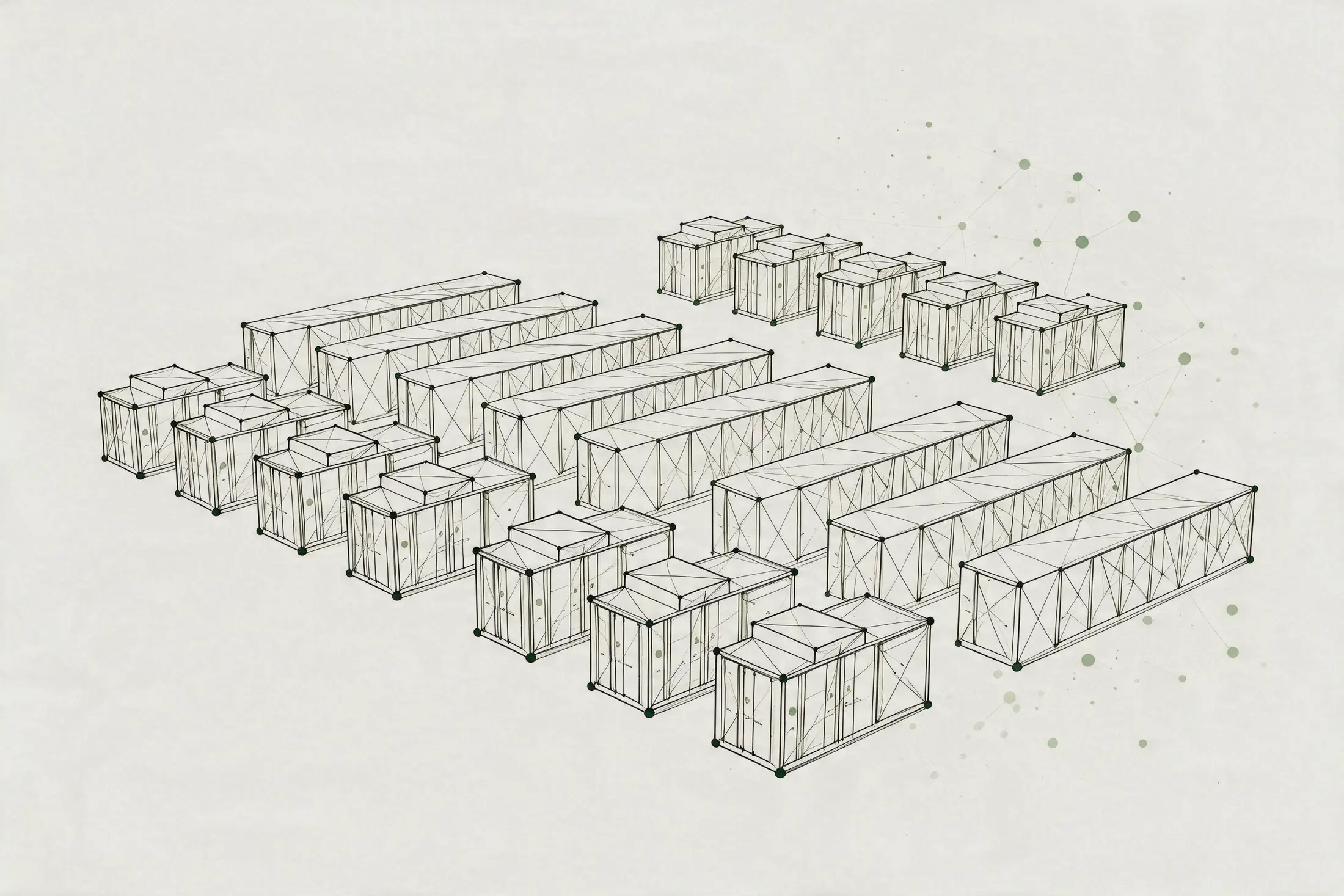 Eine minimalistische Illustration von 19 rechteckigen Versandcontainern, die in Reihen auf einem hellen Hintergrund mit dezenten grünen Punkten angeordnet sind und ein Gefühl von übersichtlicher Organisation vermitteln, das an den Ansatz von Trassify erinnert.