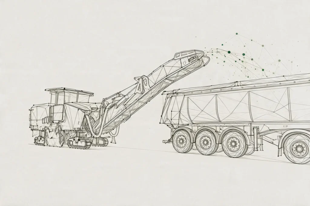 Strichzeichnung einer Erntemaschine, die Erntegut auf einen Sattelzug entlädt, wobei grüne digitale Knoten über dem Förderband die Integration der intelligenten Trassify-Technologie symbolisieren.