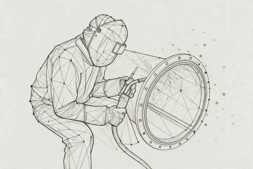 Strichzeichnung einer Person in Schutzkleidung, die an einer großen runden Metallkonstruktion Schweißarbeiten durchführt, wobei geometrische Linien und Punkte auf Technologie oder digitale Vernetzung hindeuten – als Symbol für die Präzision und Innovation, die Trassify ermöglicht.