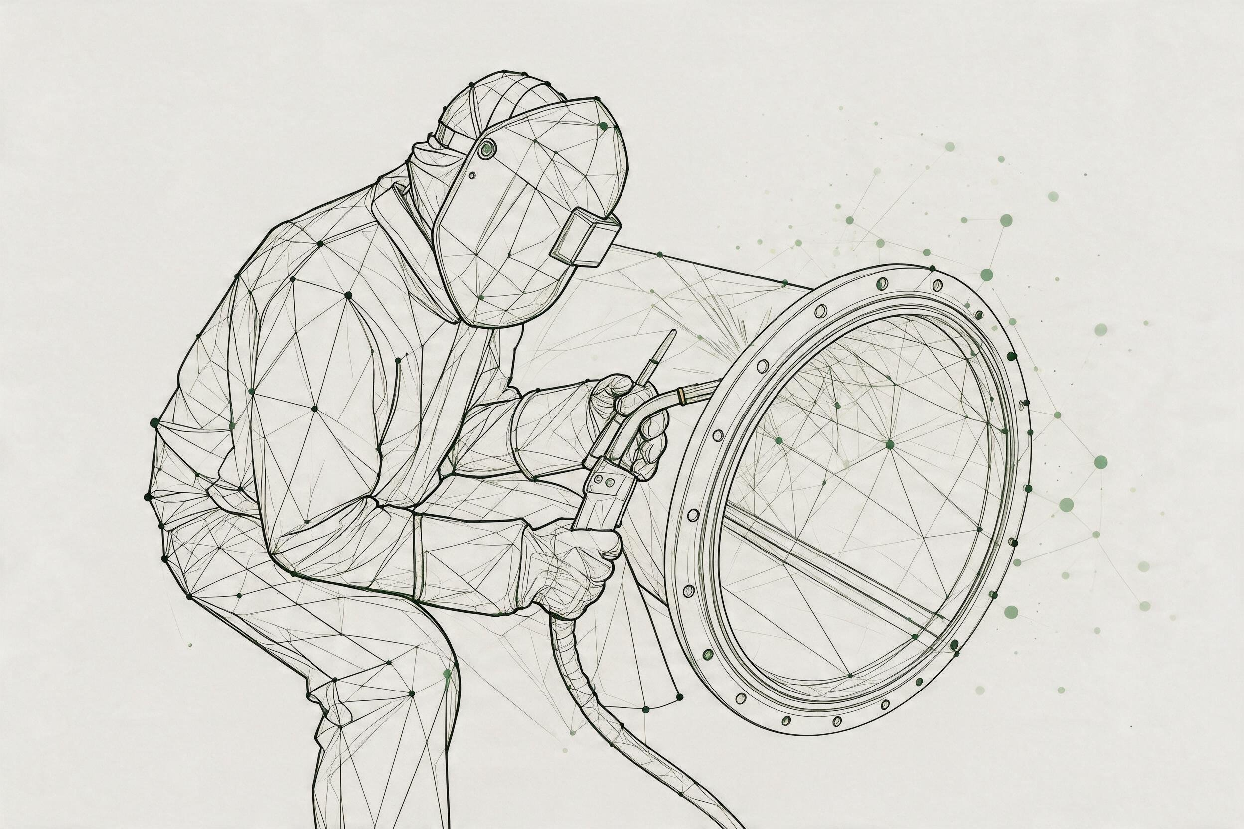 Eine geometrische Strichzeichnung einer Person in Schutzkleidung, die an einer großen kreisförmigen Metallkonstruktion schweißt, wobei abstrakte Linien und Punkte im Hintergrund ein Trassify-Netzmuster bilden.