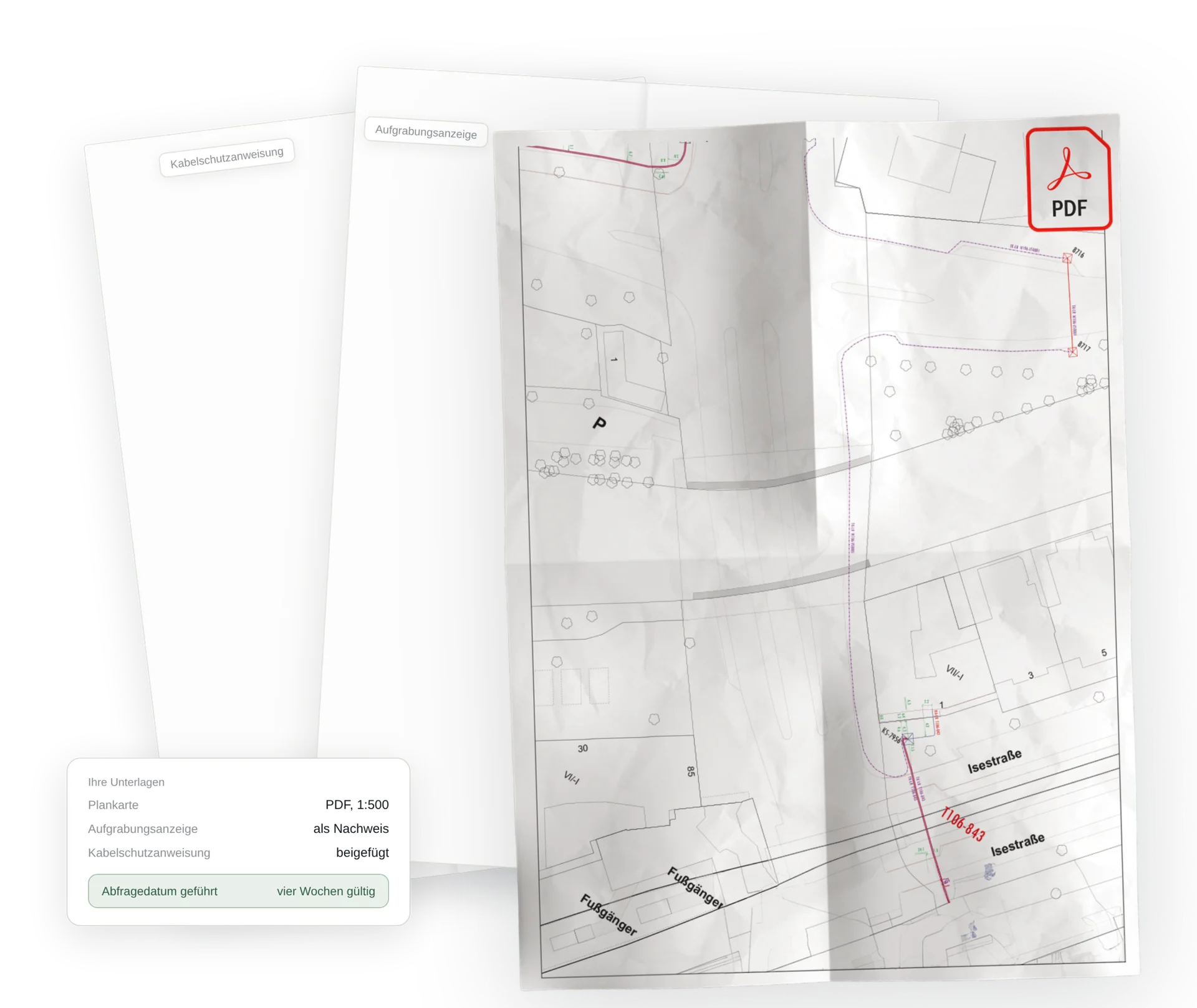 Auf zwei weißen Blättern und einem kleinen Etikett, auf dem PDF- und Dokumentinformationen auf Deutsch angegeben sind, liegt eine gefaltete Karte mit Gebäudeumrissen und markierten Straßen.