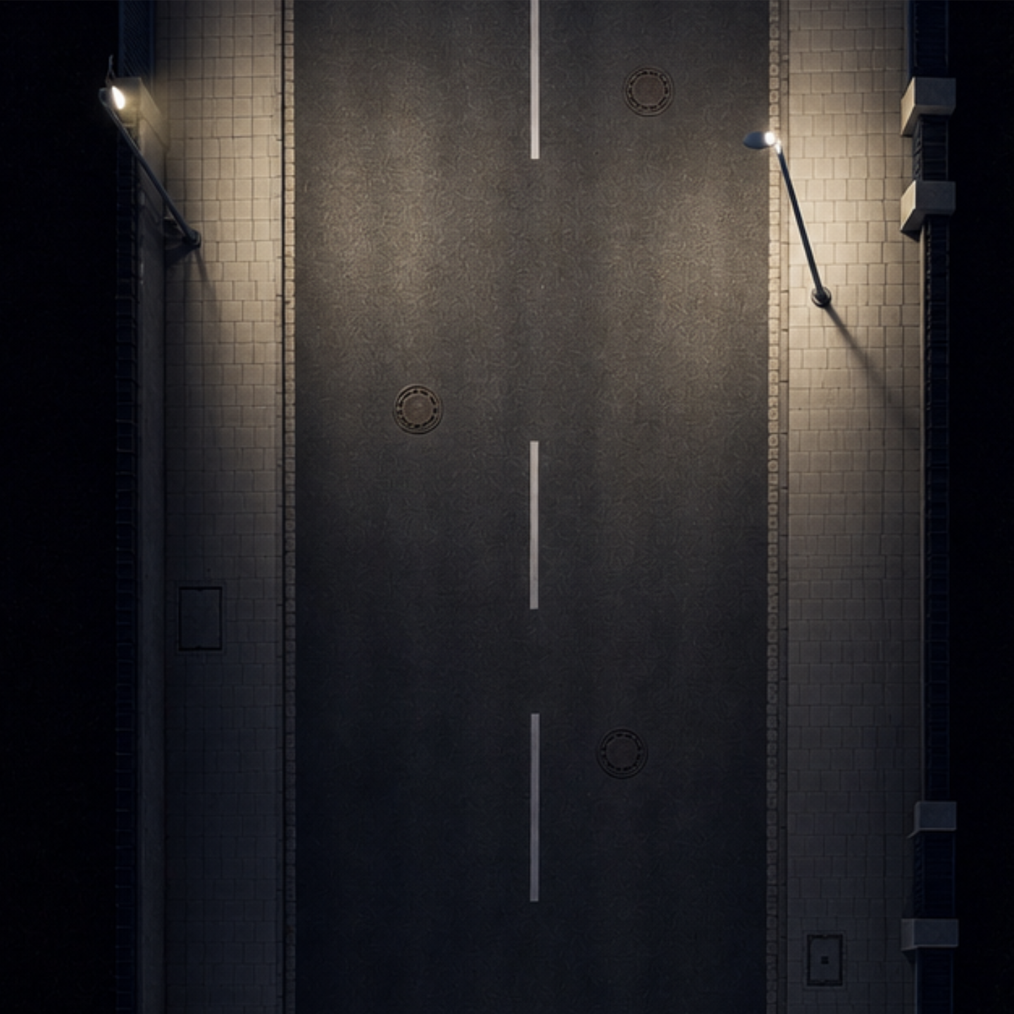 Blick von oben auf eine nächtliche Straße mit Schachtdeckeln in der Fahrbahn.