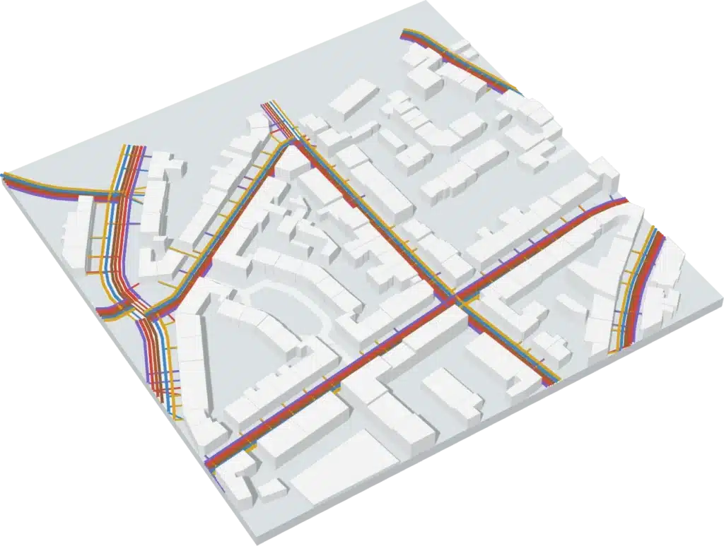 Ein dreidimensionales Stadtmodell zeigt die Leitungen unter der Straße farbig getrennt nach Sparten.